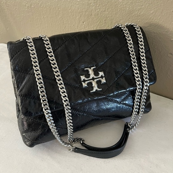 Tory Burch Kira Black Glazed Leather Shoulder Bag Quilted Chain Strap - Picture 10 of 17